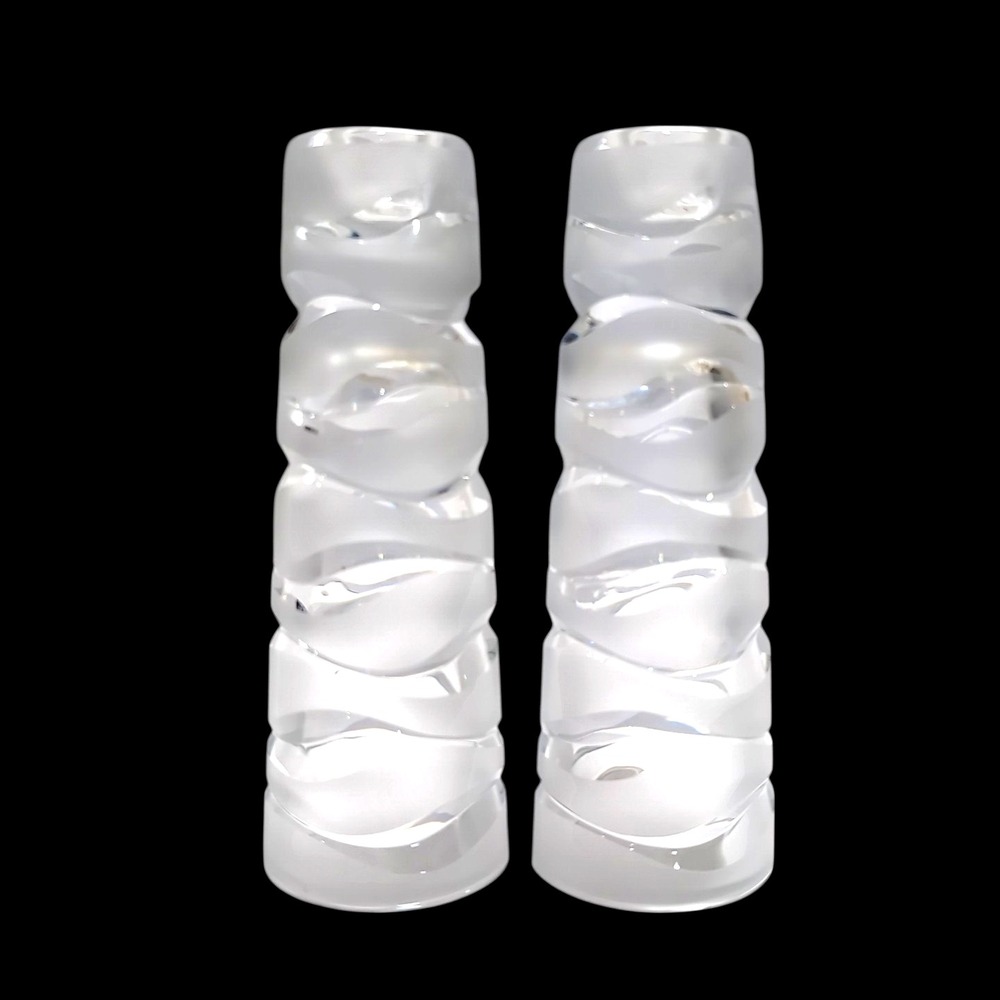Pair JG Durand Art Deco Clear/Satin Frosted Candlesticks‎ for Taper Candles